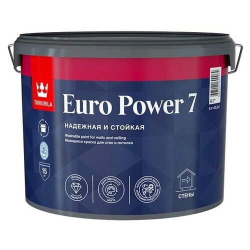 Краска Tikkurila Euro Power 7 База А белая для стен и потолков, 9 л краска моющаяся tikkurila euro power 7 база а белая 9 л