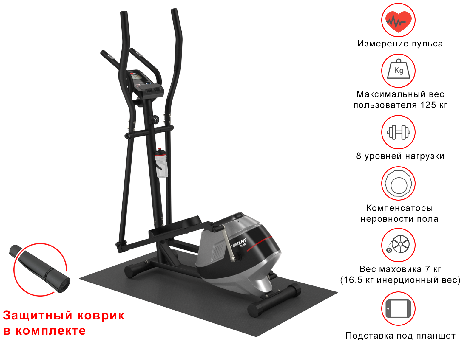 Эллиптический тренажер UNIX Fit SL-350 магнитный / коврик В подарок / кардиотренажер, до 125 кг, шаг 35 см, маховик 7 кг, 8 уровней нагрузки UNIXFIT