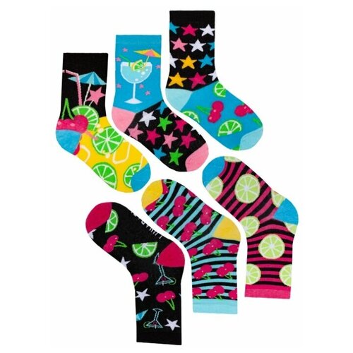 Комплект женских непарных носков lunarable Коктейли, желтые, черные, темно-голубые, ярко-розовые, 6 шт., размер 35-39