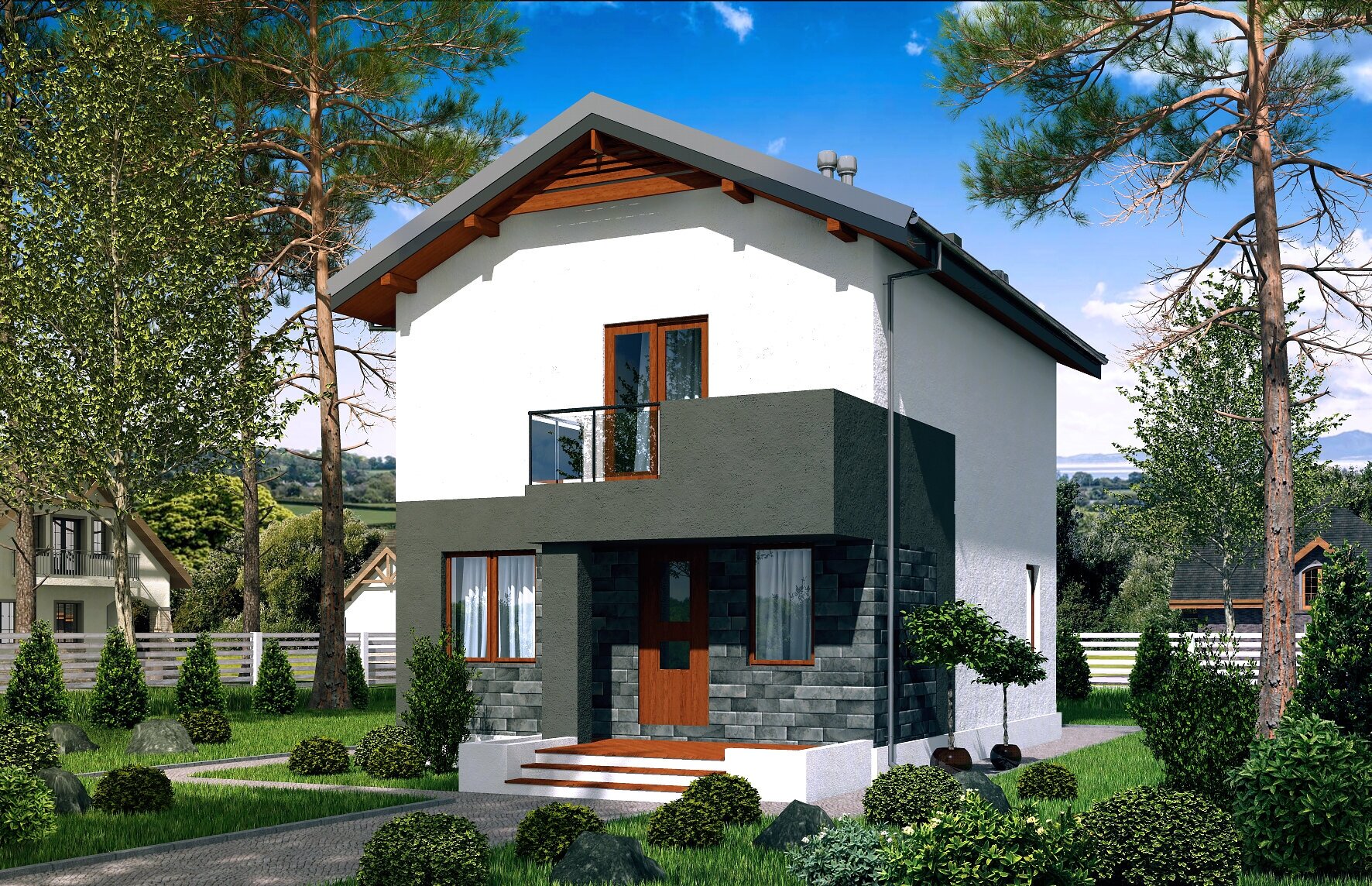 Двухэтажный дом с террасой и балконом (95 м2, 9м x 7м) Rg5100