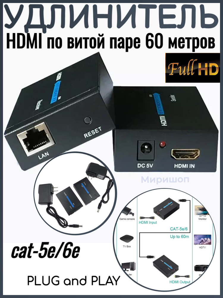 HDMI extender удлинитель по витой паре 60 метров cat-5e/6e