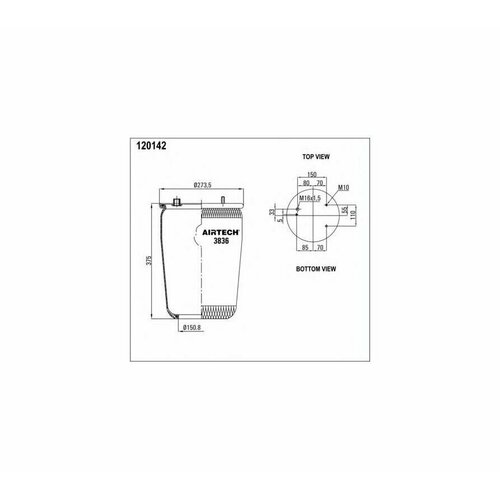 3836P_пневмодушка без стак. ! без отбойн. 836M 3шп. M10 1отв-шт. M16 смещ.28 Н:1отв. D150.8 DAF