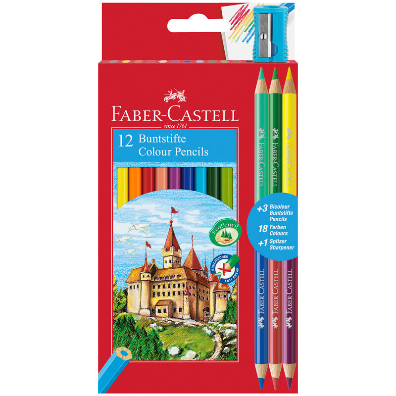 Карандаши Faber-Castell "Замок", 18цв, 12+3шт, заточен, картон, европодвес, с точилкой Faber-Castell 077521