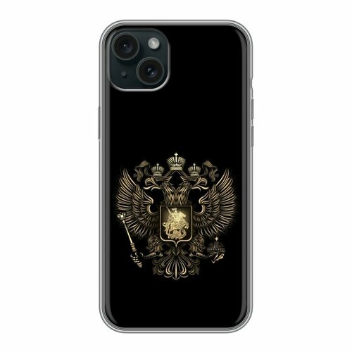 Дизайнерский силиконовый чехол для Айфон 15 Плюс / Iphone 15 Plus герб России золотой