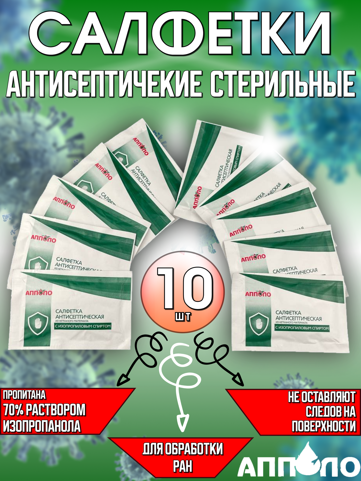 фото Апполо Салфетка антисептическая медицинская спиртовая с изопропиловым спиртом 13*18 10 шт.