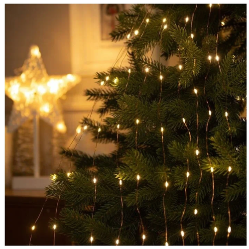 Гирлянда лучи росы, конский хвост 10 нитей по 2 м , IP20, серебристая нить, 200 LED, фиксинг, 12 В/Теплый