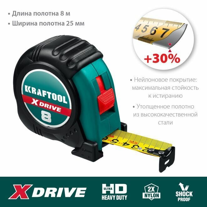 Рулетка KRAFTOOL 8м/25мм с ударостойким обрезиненным корпусом 34122-08_z02