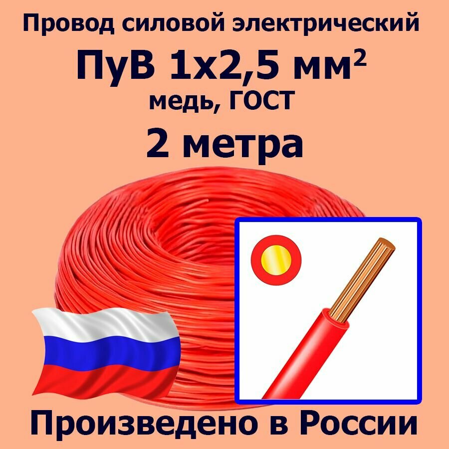 фото Провод силовой электрический ПуВ 1х2,5 мм2, красный, медь, ГОСТ, 2 метра