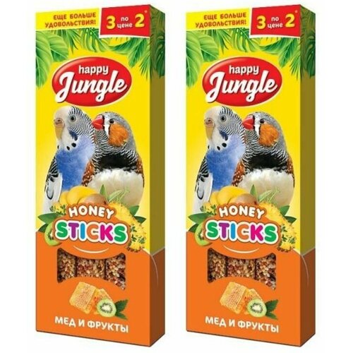 Happy Jungle Лакомство для птиц Палочки с медом и фруктами, 3 шт/уп, 2 уп happy jungle лакомство для птиц мед и минералы 3 палочки 90 г