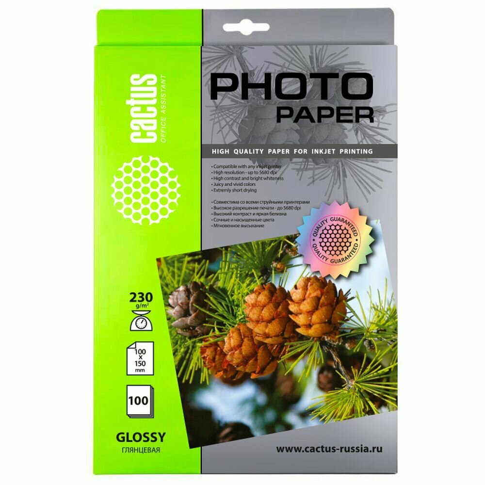 Фотобумага Cactus A6 10x15 глянцевая, 230г/м2, 100л, белая для струйной печати CS-GA6230100