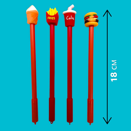 Набор шариковых ручек с игрушкой-насадкой Фастфуд, цвет чернил синий, 4 штуки