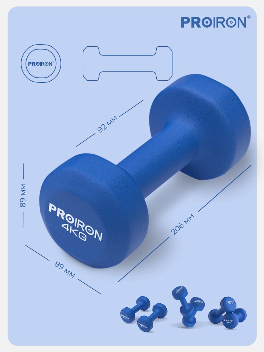 Гантели 4 кг 2 шт неопреновые PROIRON, набор для фитнеса, синие