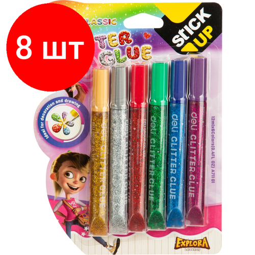 Комплект 8 наб, Глиттер гель Deli EA71101 12мл блистер с блестками 6цв/наб Explora