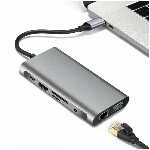 Адаптер многоцелевой / Airies Adapter USB Type-C 10-in-1 / 3xUSB 3.0, RJ45, HDMI 4K, VGA, SD Card 3.5MM audio port, PD Зарядка до 100W для MacBook Pro/Air / SC-USH140 usb c hub to hdmi rj45 vga audio usb 3 0 sd tf card reader pd charging for macbook pro pc for huawei p20 samsung usb c hub