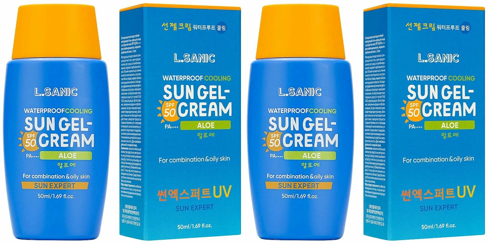 L.Sanic Гель-крем для лица солнцезащитный Sun Expert Aloe Waterproof Cooling Sun Gel-Cream, Матирующий, SPF 50, 50 мл, 2 шт