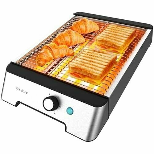 Горизонтальный тостер Cecotec плоский тостер с 3 резисторами NiceSlice Inox. 1000 Вт, все виды хлеба и выпечки, кварцевые резисторы, поверхности из нержавеющей стали, 6 степеней поджаривания