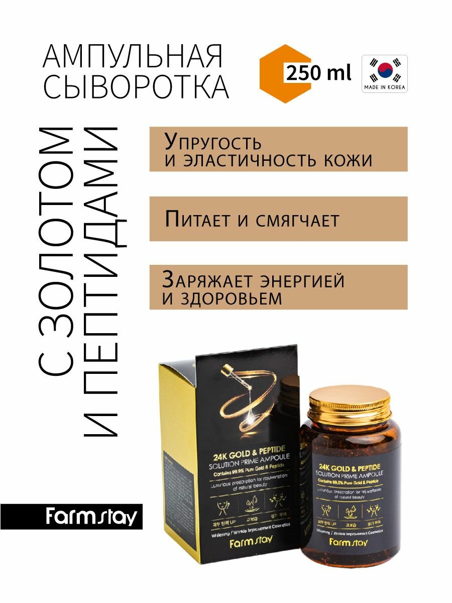 Картинки FarmStay Антивозрастная сыворотка для лица увлажняющая с золотом, пептидами ниацинамидом и гиалуроновой кислотой уходовая корейская косметика 24K Gold & Peptide Solution Prime Ampoule, 250ml
