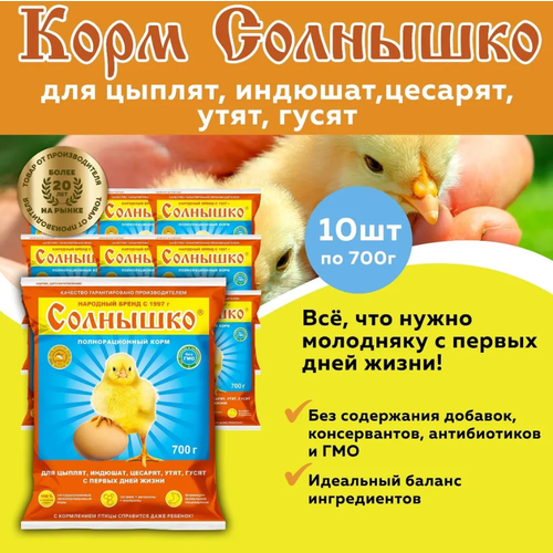 Комплект Полнорационный корм Солнышко для цыплят, индюшат, цесарят, утят, гусят с первых дней жизни 700г, 10 штук