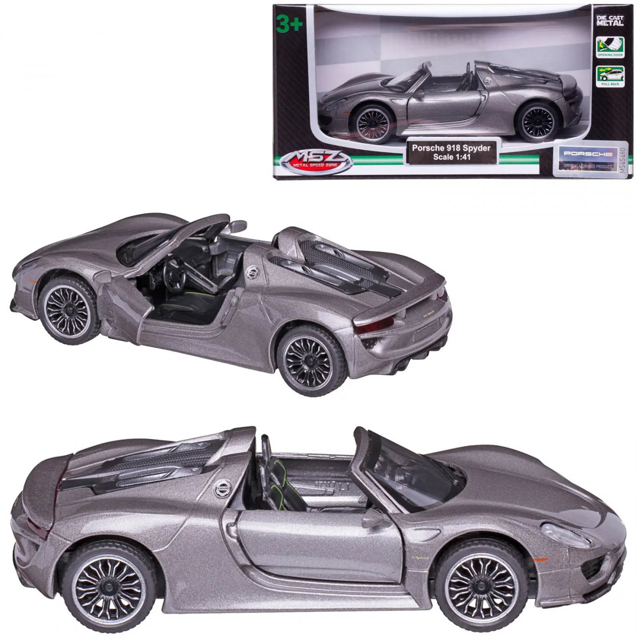 Машинка металл MSZ серия 1:43 Porsche 918 spyder, цвет серый металлик, инерция, двери откр-ся WE-15952S