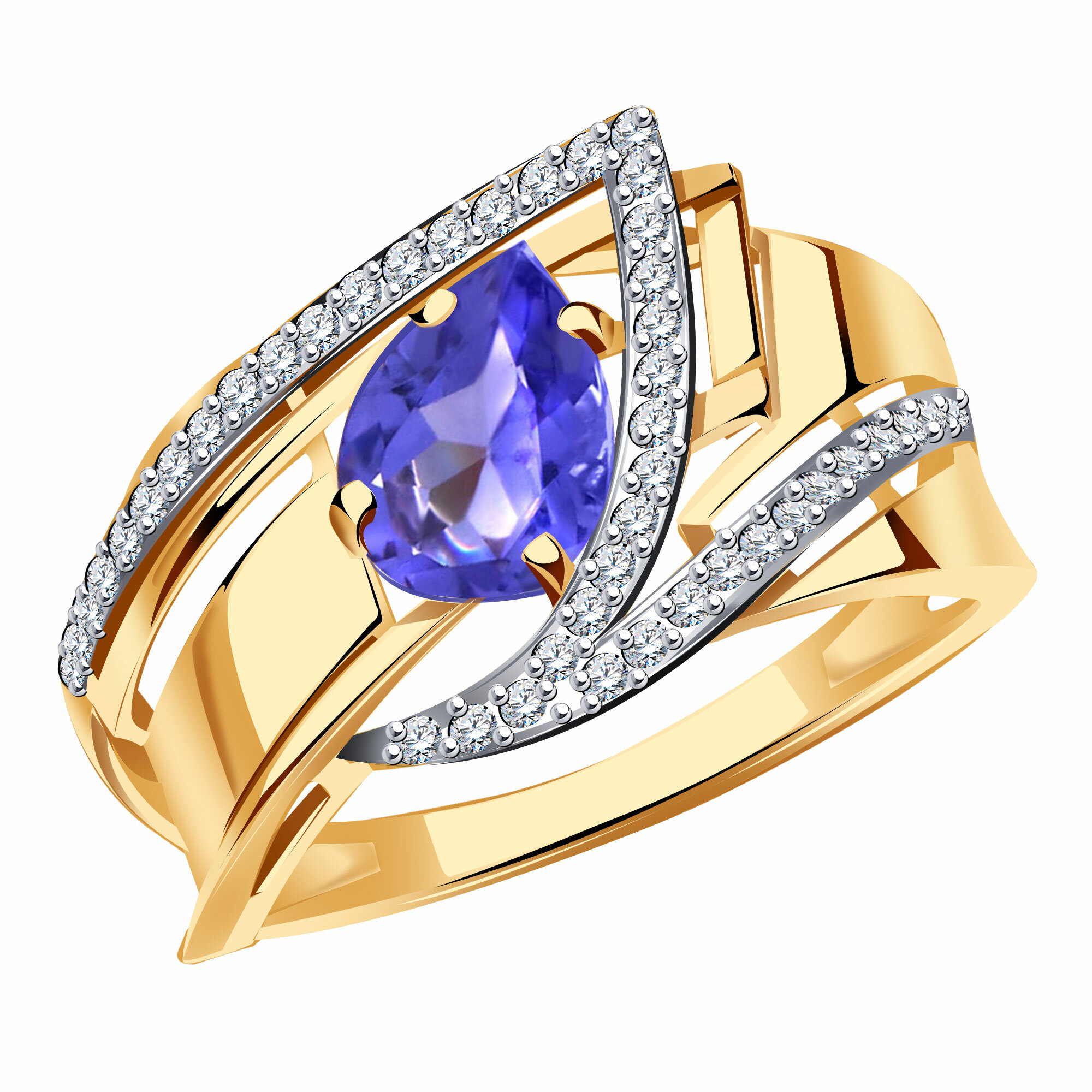 Кольцо широкое Diamant online, красное золото, 585 проба, танзанит, фианит, размер 18.5, фиолетовый