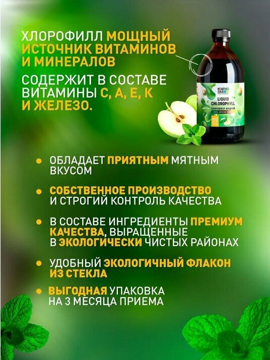 Изображение Хлорофилл жидкий пищевой, HealthSoul 100 порций, 500 мл. Пищевой бад для похудения, омоложения, детокс