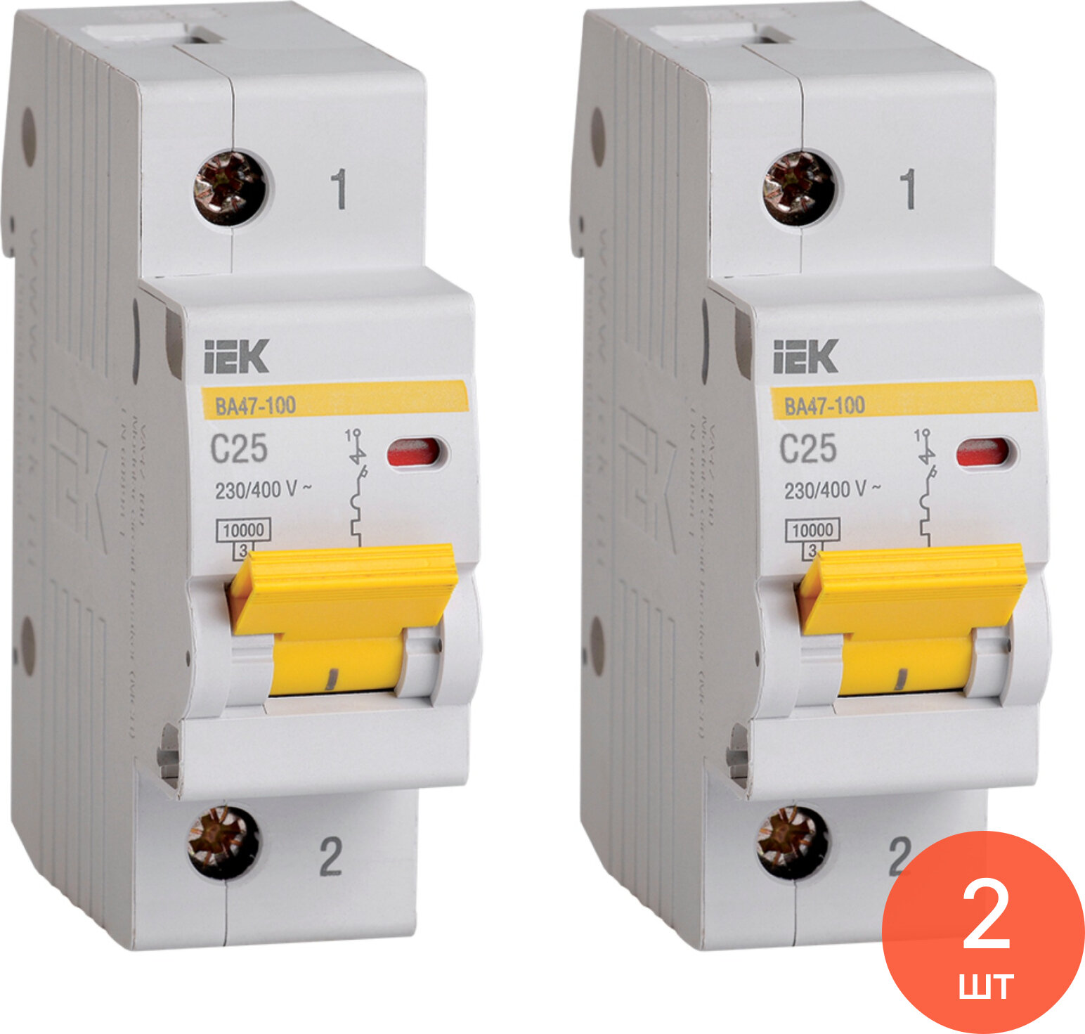 Автоматический выключатель IEK / ИЭК ВА47-100, 1Р 25А характеристика С 10кА, MVA40-1-025-C / электроавтомат (комплект из 2 шт)