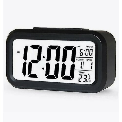 Часы будильник с автоматической подсветкой, термометром и календарем белые.