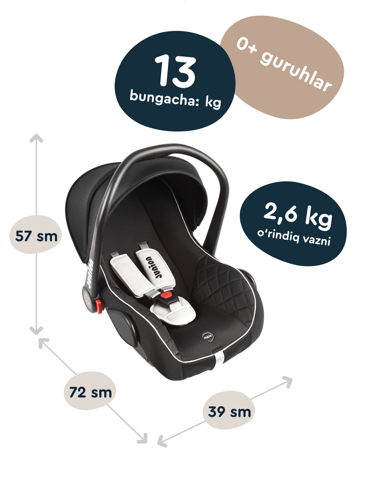 Автолюлька JUNION Uma группа 0+ (0-13 кг), чёрно-серый — фото 1