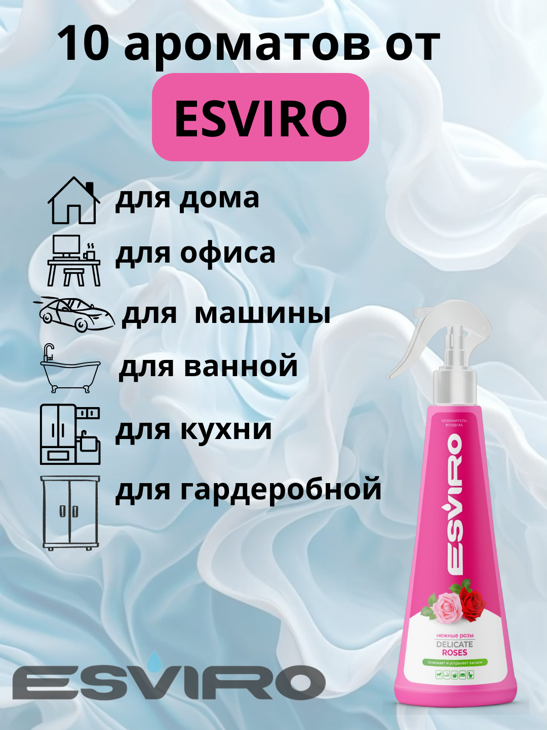 Освежитель воздуха ESVIRO, спрей, 250 мл-Роза — фото 1