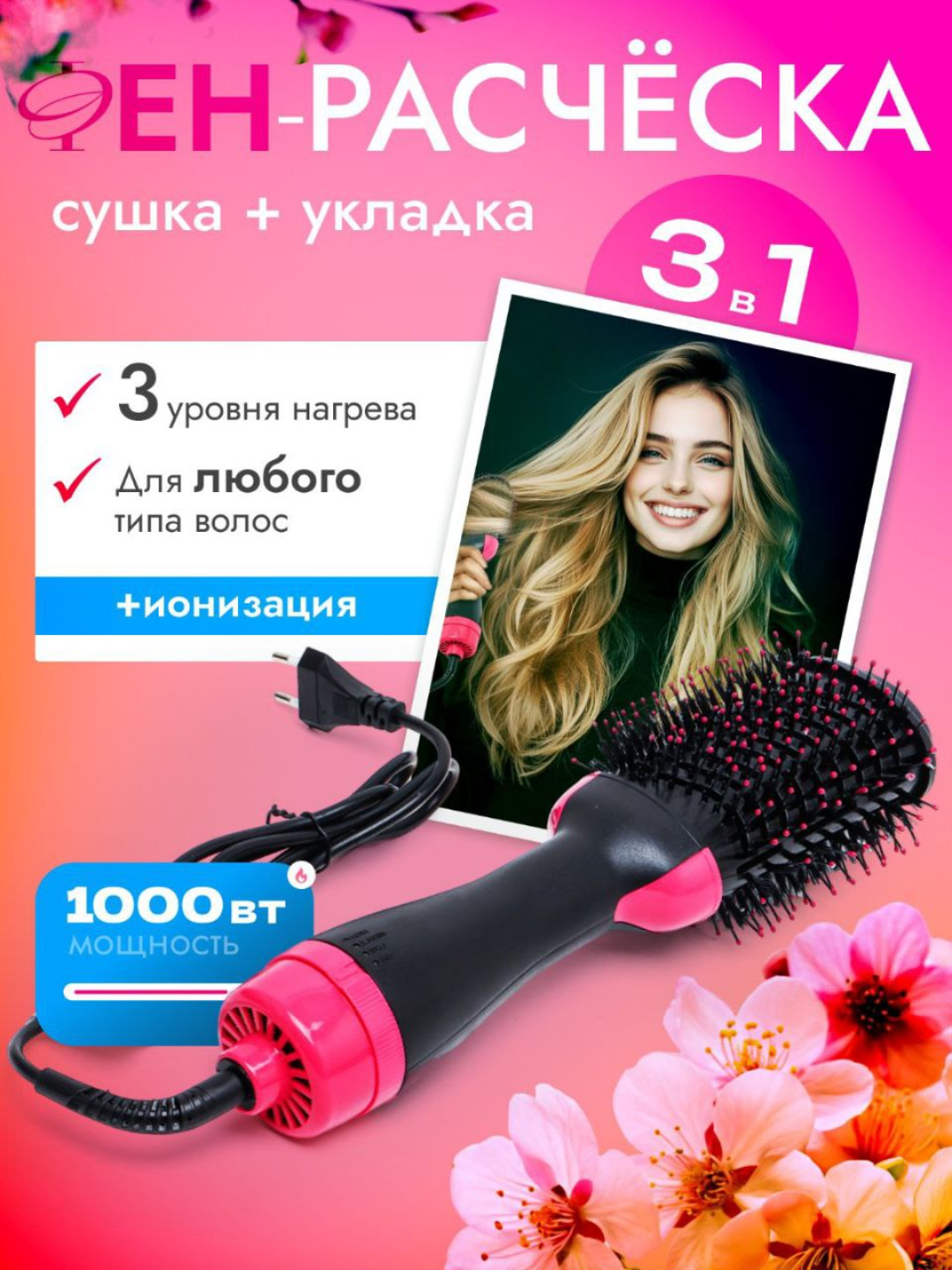 Фен, расческа для быстрой укладки волос One Step , стайлер для объема волос, 3 в 1