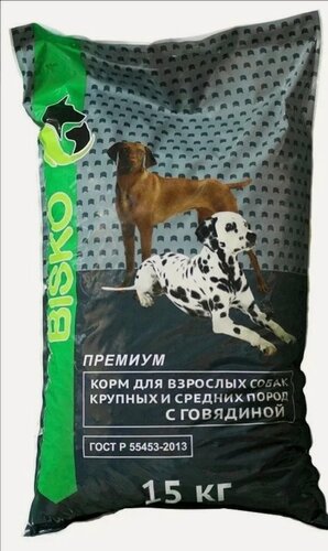 Изображение товара Биско Премиум с говядиной 15 кг. Корм сухой для взрослых собак крупных и средних пород.