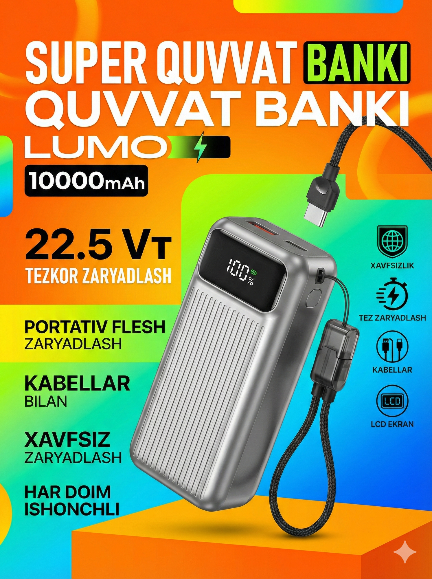 Power Bank 7 Milliard Lumo 10000mAh — 22.5W Быстрая зарядка с LED дисплеем и кабелем