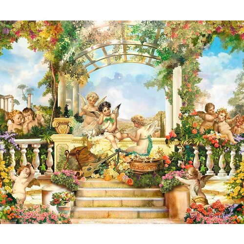Моющиеся виниловые фотообои GrandPiK Живопись Купидон в райском саду, 300х250 см