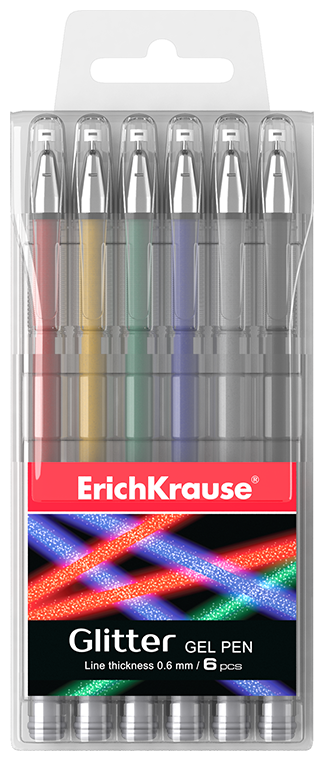 Набор гелевых ручек, Erich Krause, "Glitter", 6 цветов, 6 шт, пишущий узел 0,8 мм