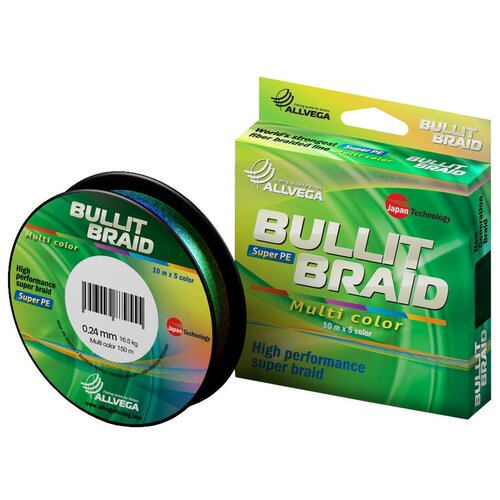 Плетеный шнур ALLVEGA BULLIT BRAID d=0.24 мм, 150 м, 16.5 кг, multicolor, 1 шт.