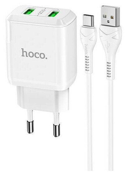 Адаптер питания Hoco N6 Charmer dual port QC3.0 charger с кабелем Type-C (2USB: 5V max 3.0A) 18W Белый