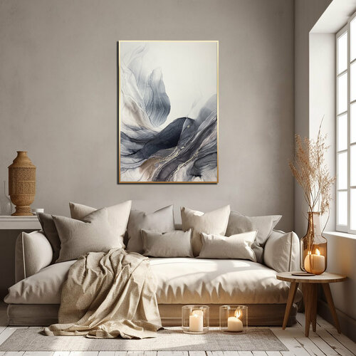 Большая картина-оригинал 1 м — серо-синяя абстракция с золотом 70х100 см акварельный флюид-арт спиртовыми чернилами – Китовая I