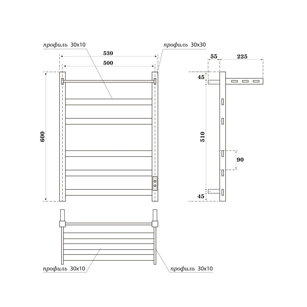 Point Полотенцесушитель электрический Point Меркурий PN83856PB П5 500x600 с полкой, диммер справа, черный - фотография № 2