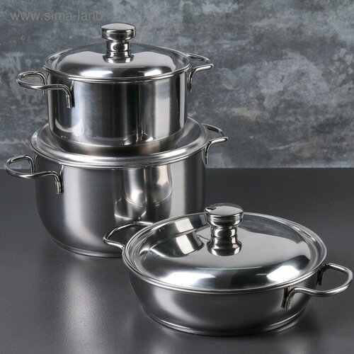 Набор посуды, 3 предмета: две кастрюли 3 л, 1,75 л, сковорода 1 л, капсульное дно Amet 1668245 .