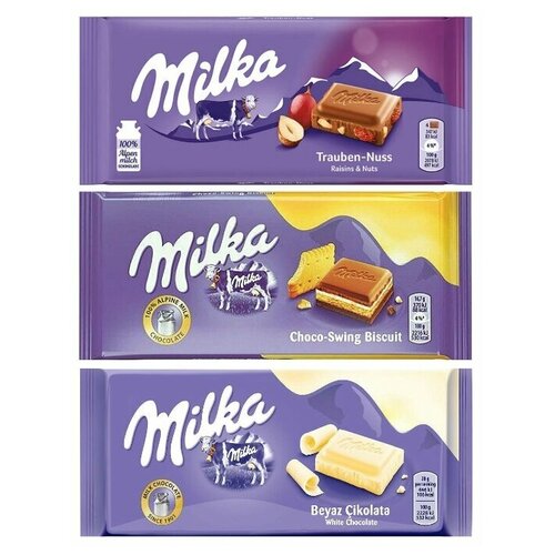 фото Шоколад milka raisins & hazelnuts + cream & biscuit + white (набор из 3 шт), 100 г, 3 шт. mondelez international
