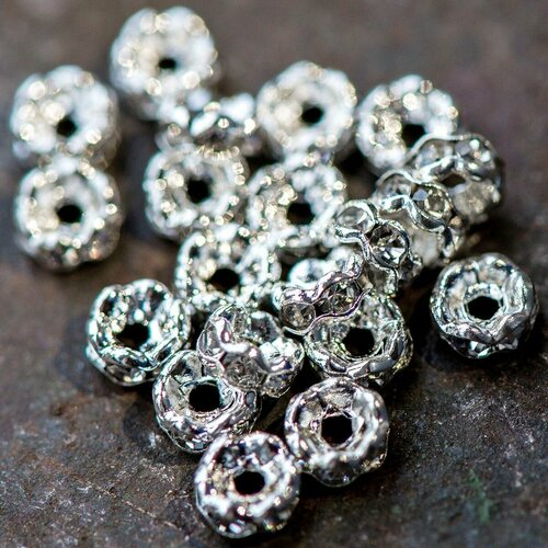 Разделители для бусин с хрусталем из латуни 4х2 мм 20 шт, спейсеры, цвет серебро
