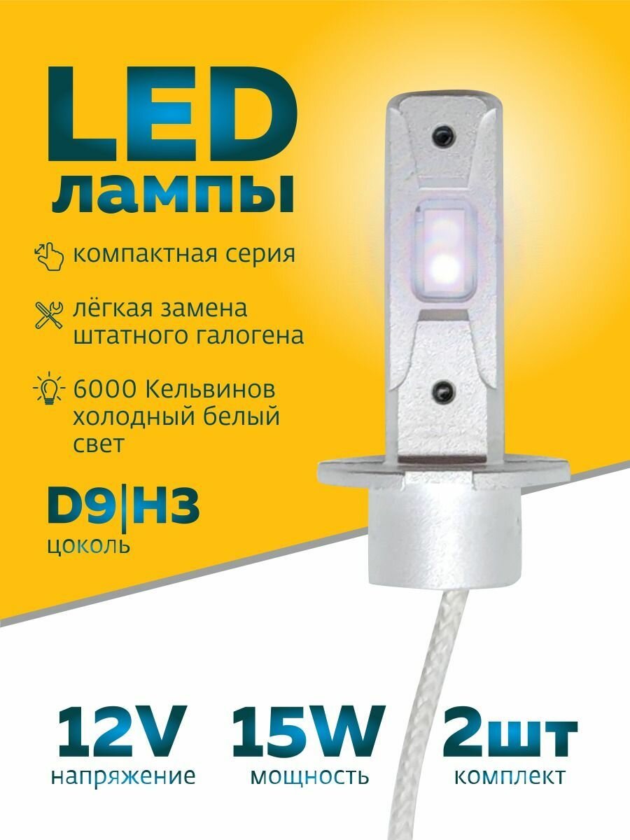 Светодиодные лампы H3 Led автомобильные, 15W 12V 2шт