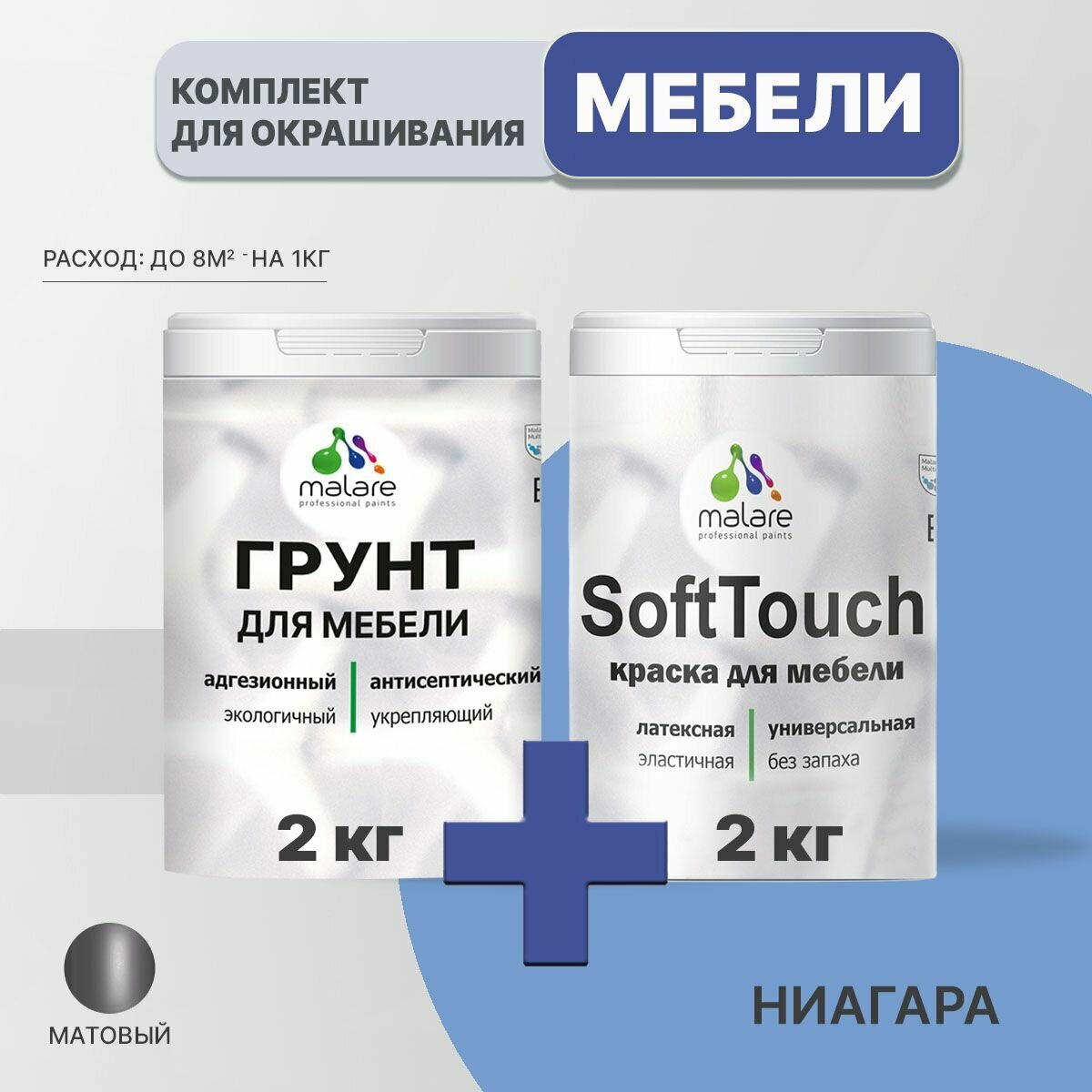 фото Комплект Malare для окрашивания мебели, кухонных фасадов, дерева, (2кг грунт + 2кг краска), без запаха, матовый, цвет черный
