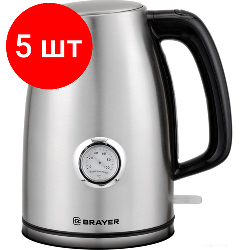 чайник электрический brayer br1022 металл 1 7 л 2200 вт термометр серебристый Комплект 5 штук, Чайник электрический BRAYER 2200Вт.1.7 л, STRIX, стальной, термометр(BR1022)