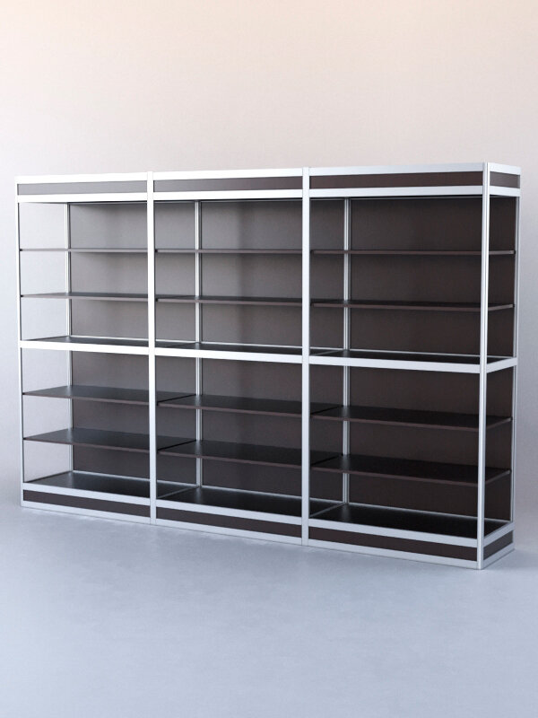 фото Витрина-стеллаж из ал. профиля №3 (3-ех метровая), Дуб Венге 300 x 50 x 200 см (ДхШхВ)