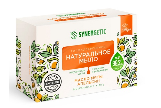 Synergetic натуральное туалетное мыло масло мяты и апельсин кусок 90гр