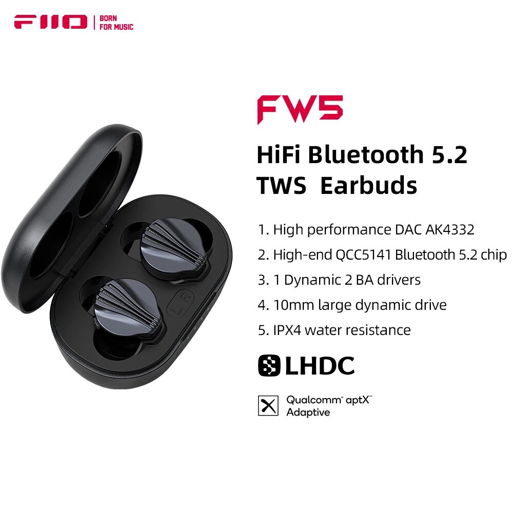 FiiO FW5 TWS Bluetooth 5,2, настоящие беспроводные наушники, 10 мм, наушники с динамическим драйвером, адаптивные LHDC/aptX, FW5