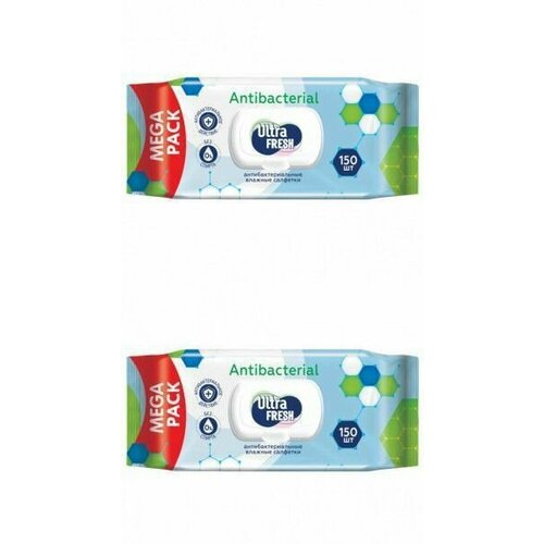 Ultra Fresh Влажные салфетки, Antibacterial, С клапаном, 150 штук/уп, 2 уп