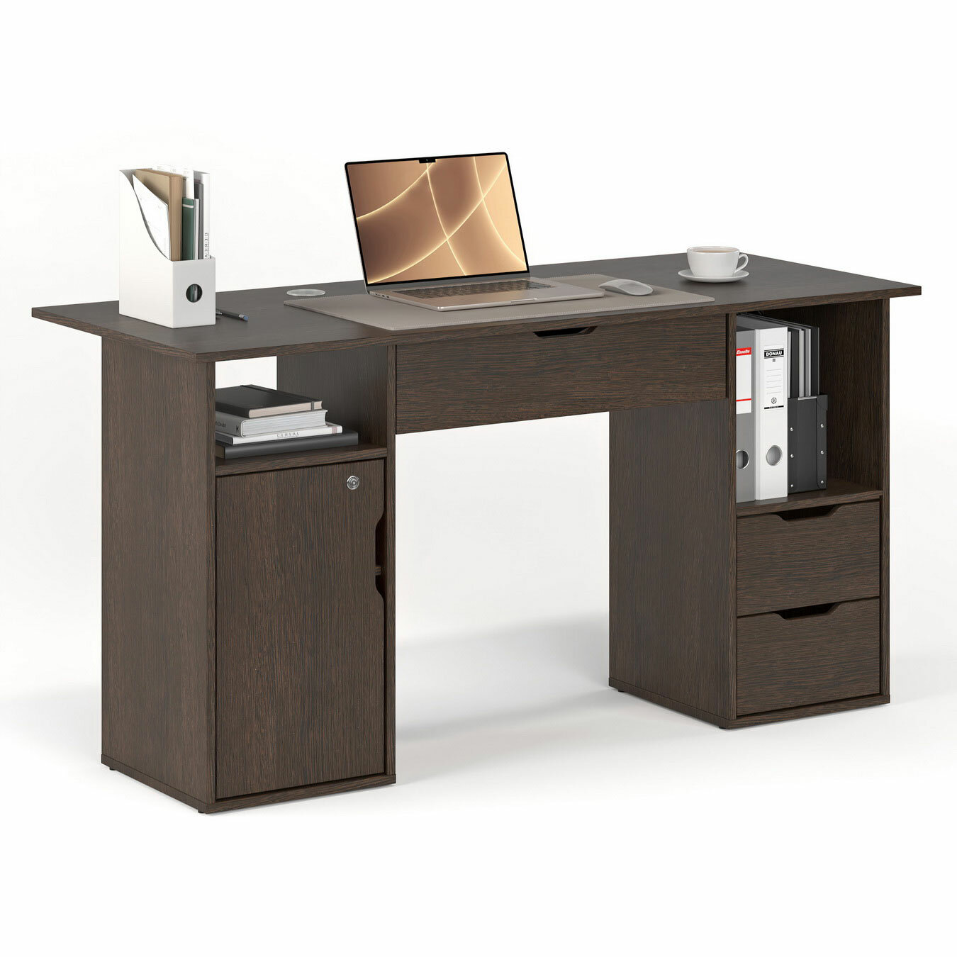 фото Двухтумбовый письменный стол с двумя ящиками, высокой нишей для папок и дверцей с замком МагМебель №74 вишня