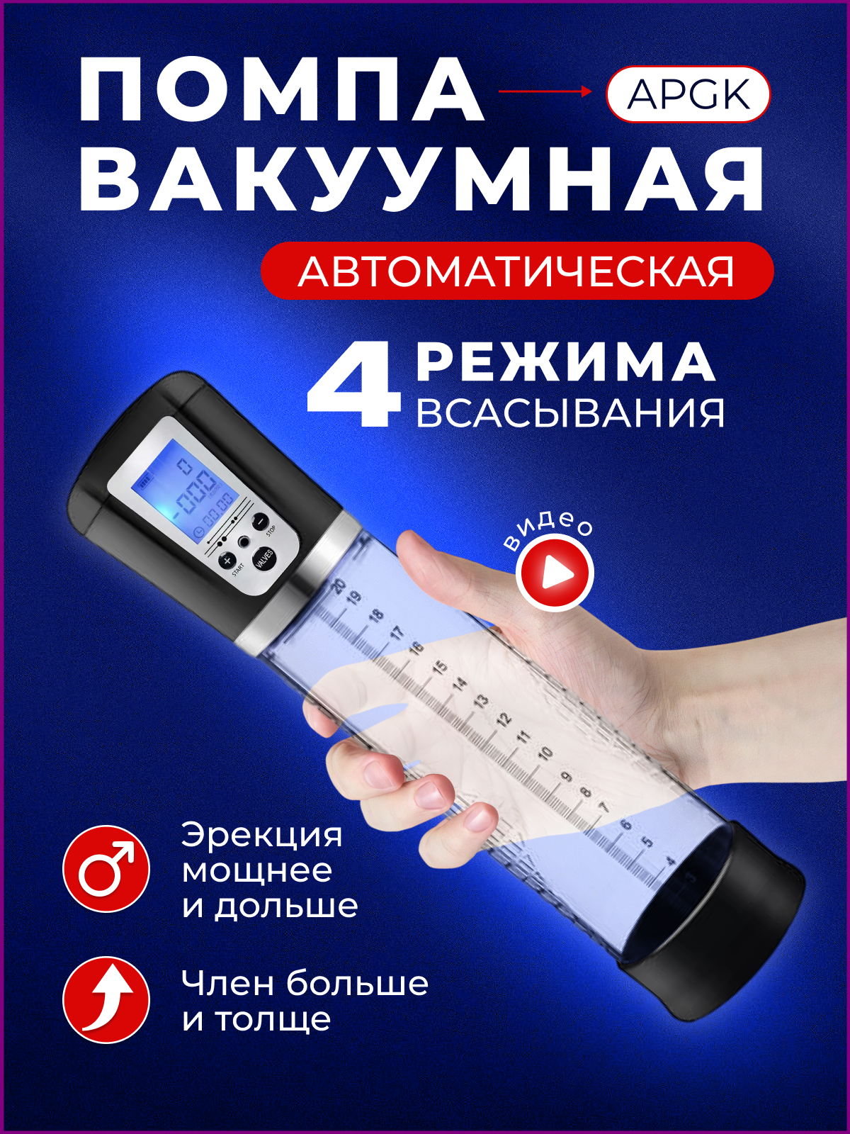 Вакуумная помпа автоматическая Canwin APGK USB-зарядка ЖК-дисплей индикации давления, 2 манжеты, для увеличения члена мужская